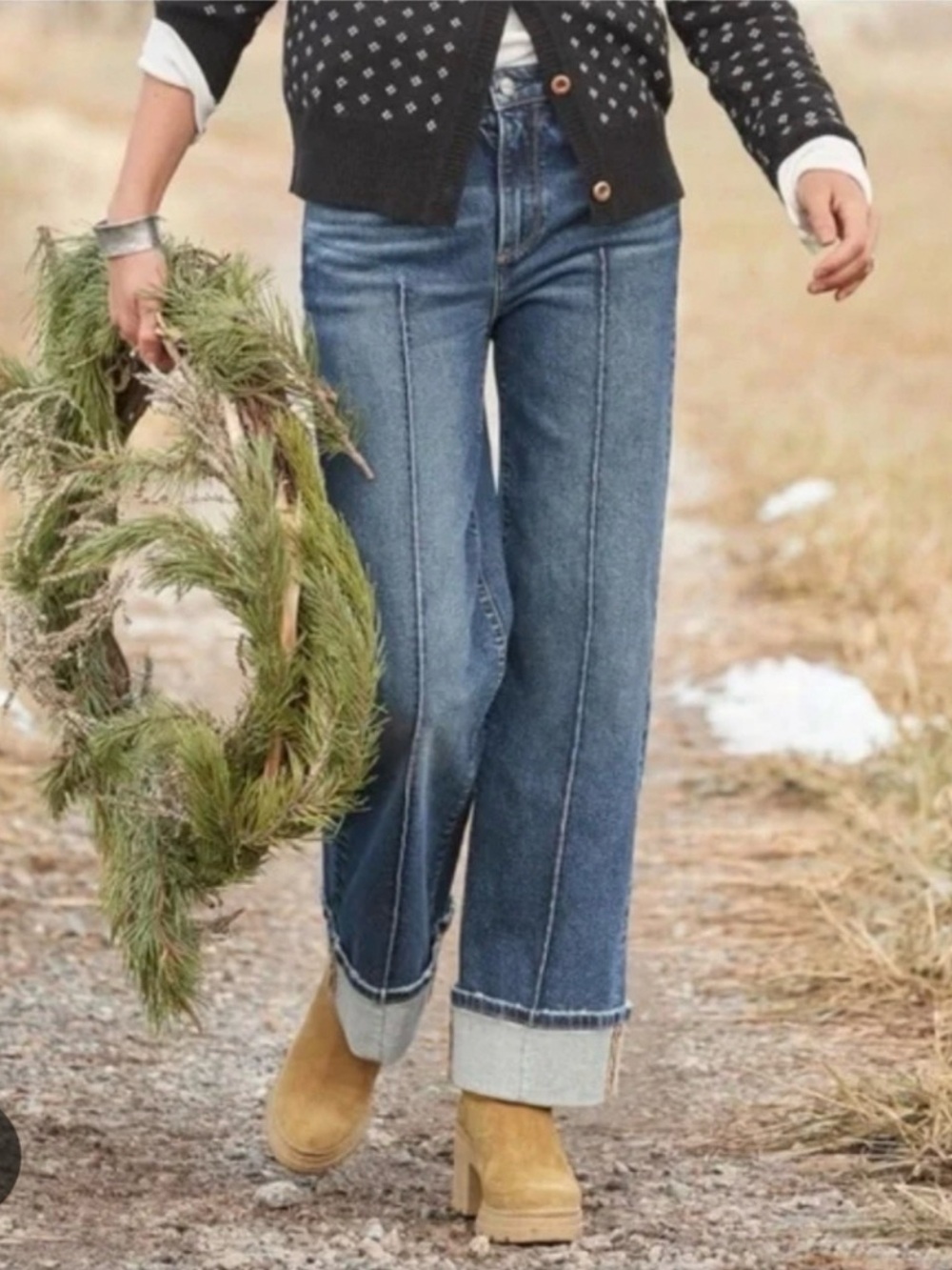 Driftwood Pintuck Seamed Wide Leg Denim Jeans Cuffed Hem Medium Blue Wash 30